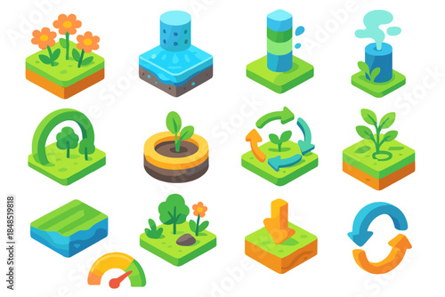 Ecosystem Service Icons. Ecosystem Service Mapping flat isometric set: pollination zone tile, water filtration node, carbon sink bar, habitat refuge ring, soil fertility dot,