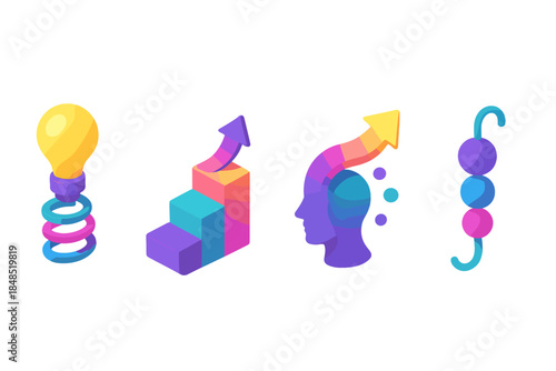 Colorful Isometric Icons. Adaptive Creativity Models flat isometric set: flexible-idea coil, breakthrough-step tile, inspiration-stream bead.