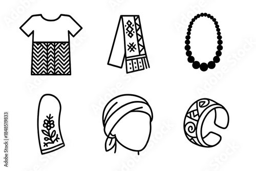 Traditional Clothing Icons. Traditional Clothing & Adornments linear set: woven tunic, patterned sash, beaded necklace, embroidered sleeve, simple headwrap, carved bracelet.