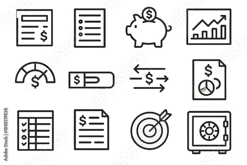 Personal Finance Icons. Personal Finance Elements linear set: earnings slip, spending log, savings piggy bank, portfolio chart, credit gauge, loan balance bar, cash stream arrows,