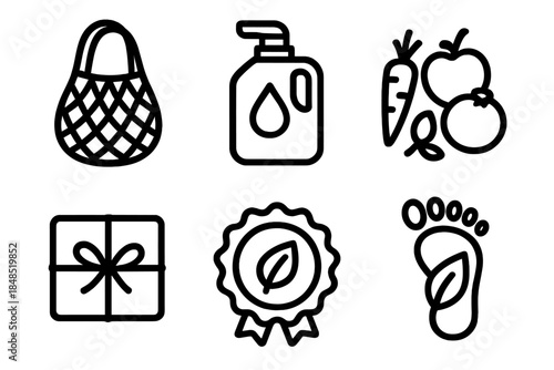 Eco-Friendly Shopping Icons. Low-Impact Shopping Choices linear set: reusable sack, refill canister, unpackaged produce, paper wrap, sustainability badge, eco footprint.