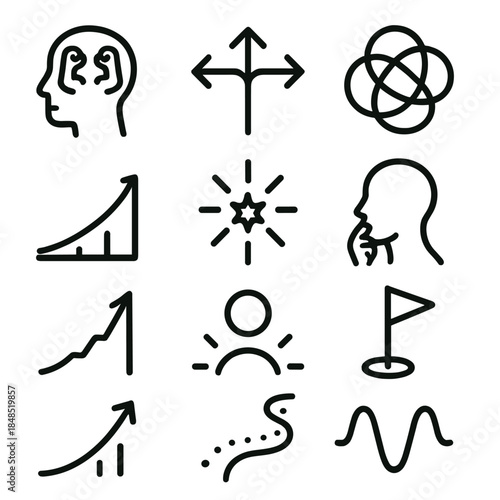 Challenge Icons Collection. Personal Challenge Icons linear set: inner battle symbol, tough decision arrow, emotional knot, resilience flame, steep progress curve, breakthrough