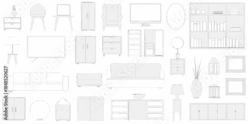Collection of furniture outlines sofas cabinets tables and decorative elements