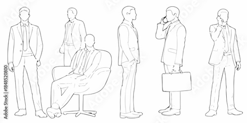 Line art illustration of men in suits in various poses and settings