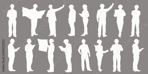 Silhouettes of people in various poses against a gray background