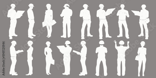 Silhouettes of construction workers in various poses and actions
