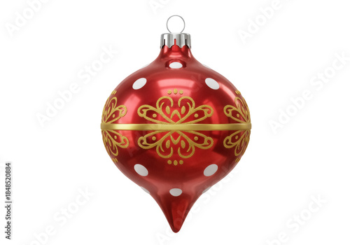 Red Christmas bauble with golden swirls isolated PNG, festive ornament for holiday decoration and seasonal design on transparent background