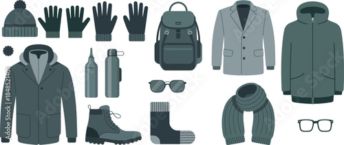 winter clothing collection with warm apparel scarves gloves and accessories, vector illustration