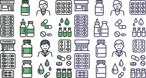 medical icon set featuring pharmacy healthcare medicine bottles pills and treatment symbols, vector illustration