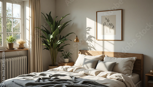 Cozy bedroom with wooden bed frame and plants window curtains