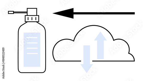 Aerosol spray. Illustration aerosol spray and its environmental impact. Aerosol spray effects are with cloud and arrows indicating air flow. For environment, pollution, climate studies