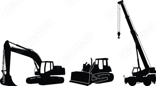 Construction machinery silhouettes set, excavator bulldozer crane illustration, heavy equipment icons, black and white vector for industrial building projects