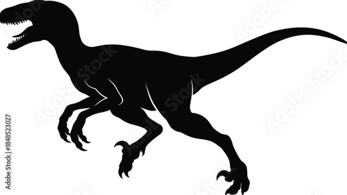 Dinosaur silhouette illustration, velociraptor prehistoric predator vector isolated on white background, jurassic animal black design concept