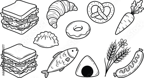 Hand drawn food icons collection with sandwiches, bakery items, fish, vegetables, doodle style illustration, black outline vector set