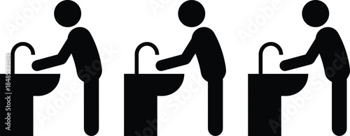 Hand washing hygiene icons set, people washing hands at sink illustration, sanitation safety symbols, black silhouette vector for health awareness