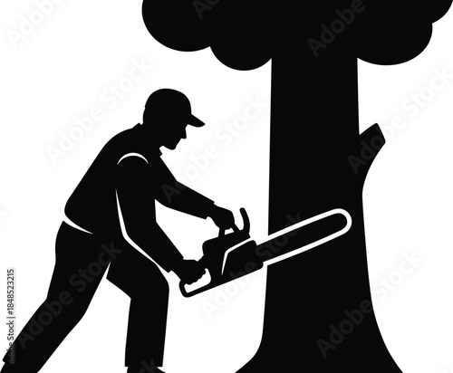 Lumberjack cutting tree silhouette illustration, man using chainsaw, forestry work concept, black and white vector design
