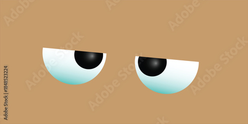 Cartoon illustration of two eyes with black pupils and light blue irises on a plain brown background, looking downwards.