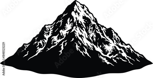 Mountain silhouette illustration, dramatic rocky peak landscape vector isolated on white background, nature adventure hiking outdoor minimal black design