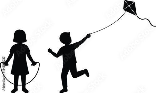 Children playing outdoors silhouettes, boy flying kite and girl jumping rope, joyful childhood activity concept, isolated black figures on white background