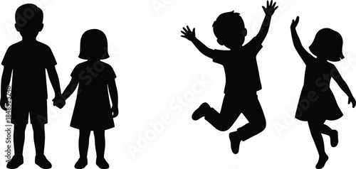 Children silhouettes set showing holding hands and jumping poses, happy kids playful activity concept, childhood joy moments isolated on white background