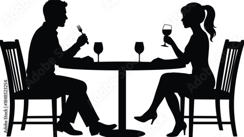 Romantic dinner silhouette couple illustration, man and woman dining together, black and white vector art for relationship concept