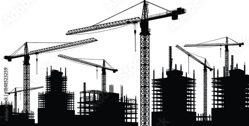 Construction site skyline silhouette with tower cranes and unfinished buildings, urban development industry concept, heavy engineering infrastructure isolated on white background.eps