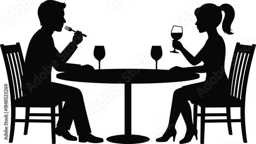 Romantic dinner silhouette illustration of couple dining together, man eating and woman drinking wine, elegant black and white vector art
