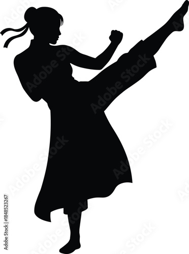 Female martial artist silhouette performing high kick, powerful karate taekwondo action pose, strength fitness combat sport concept isolated on white background