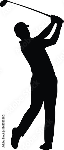 Golfer silhouette finishing swing, professional golf player action pose, athletic sports motion, outdoor recreation concept, isolated white background