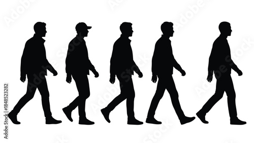 Five men walking silhouettes side view sequence, casual male pedestrian motion poses, urban lifestyle people collection isolated on white background