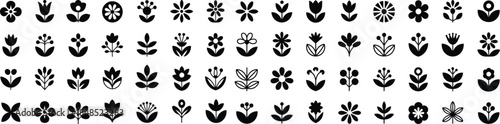 floral icon set with elegant black botanical elements for decorative design, vector illustration