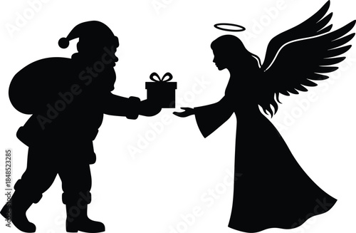 Santa Claus giving gift to angel silhouette illustration, Christmas charity kindness vector isolated on white background holiday black design
