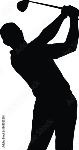Golfer swinging club silhouette, professional golf action pose, sports athlete concept, outdoor recreation, competition training, isolated white background