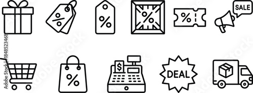 Ecommerce sale discount line icons set, shopping promotion price tags coupons symbols, retail marketing online store vector illustration pack design