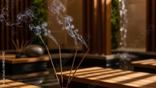 Incense stick smoke rising from multiple sticks in a peaceful spa or meditation setting. Serene atmosphere for relaxation, aromatherapy, and mindfulness.