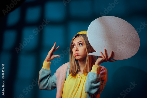 Canvastavla Woman Holding a Speech Bubble Making Talking too Much Gesture