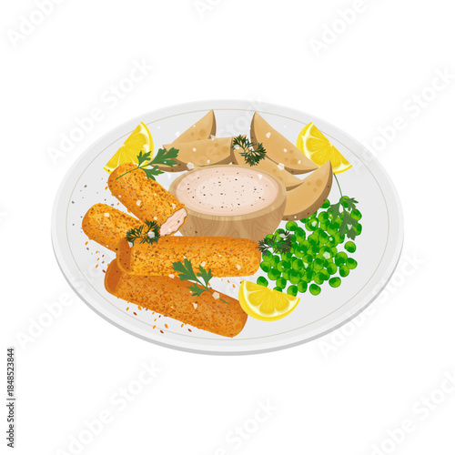Vector Illustration Logo Clip art Delicious Frozen Fish Fingers or Fish Stick In Air Fryer 