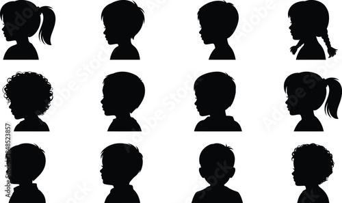 children silhouette collection with different hairstyles and body shapes, vector illustration
