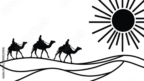 Camel caravan desert silhouette illustration, travelers riding camels under sun, Arabian landscape journey, nomadic travel concept, black vector art