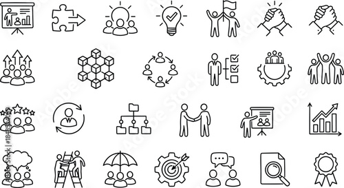 Leadership teamwork line icons set, business management collaboration strategy symbols collection, corporate success growth vector illustration pack design