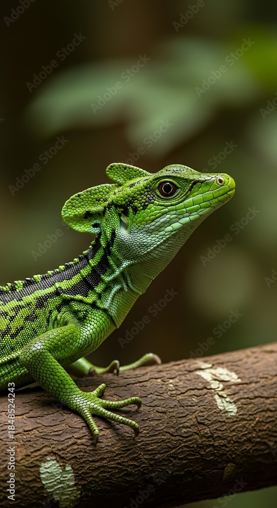 Fototapeta premium A vibrant, close-up portrait of a green basilisk lizard perched on a textured branch, showcasing its unique crest and pattern
