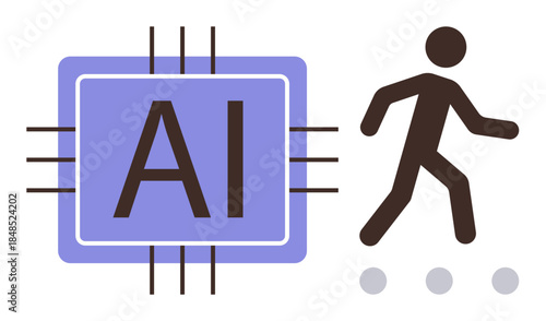 Microchip design marked AI beside a walking figure symbolizing human progress and automation. Ideal for artificial intelligence, technology, innovation, automation, future trends, digital