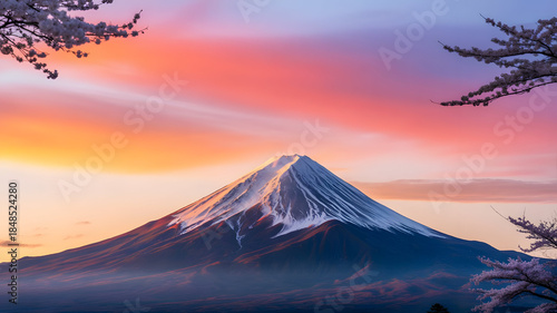 Majestic Mount Fuji in Japan, dusted with snow and framed by delicate cherry blossoms during a breathtaking sunset with vibrant pink and orange clouds.