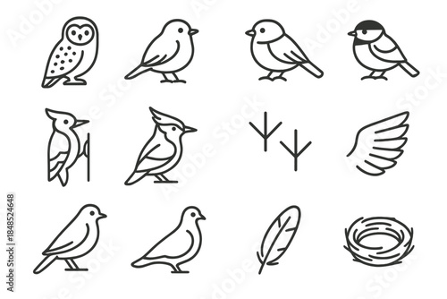 Snowy Bird Icons. Winter wildlife in snow – Snowy Birds. Line outline icon set of Snowy Birds: snow owl, robin