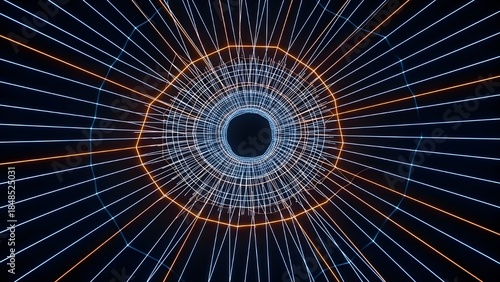 Abstract digital vortex tunnel with glowing blue and orange lines