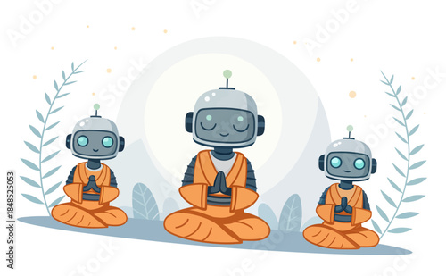 Cute robots meditating together in peaceful environment