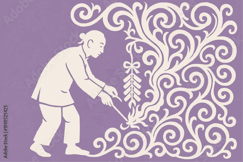 Stencil of an elderly Asian man setting off fireworks. A decorative element for cutting, printing, and decorating windows.