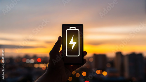 Hand holding phone with low battery notification against city skyline