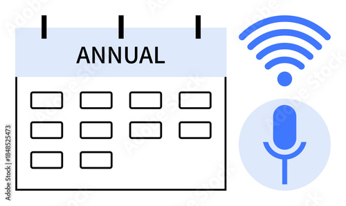 Event planning, podcast recording, digital communication, online meetings, broadcasting, wireless networks. A calendar marked Annual and a microphone with a wireless icon. Event planning and podcast