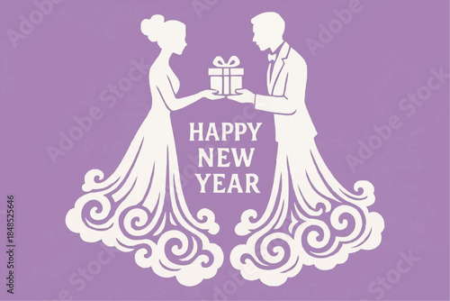 A stencil of a couple exchanging gifts in honor of the New Year.  A decorative element for cutting, printing, and decorating windows.